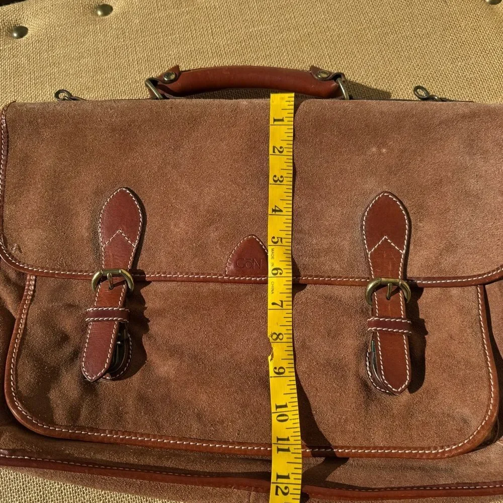 GoN Vintage Leather Suede Briefcase Messenger Bag Brown Plaid Lined 17”